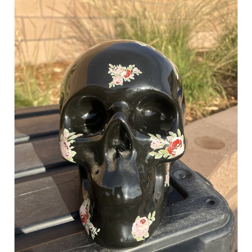 Black Ceramic Skull Coin Bank Floral Rose Gothic Day Of Dead 7”